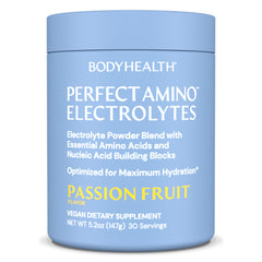 BodyHealth PerfectAmino Electrolytes Powder in passion fruit for refreshed hydration.