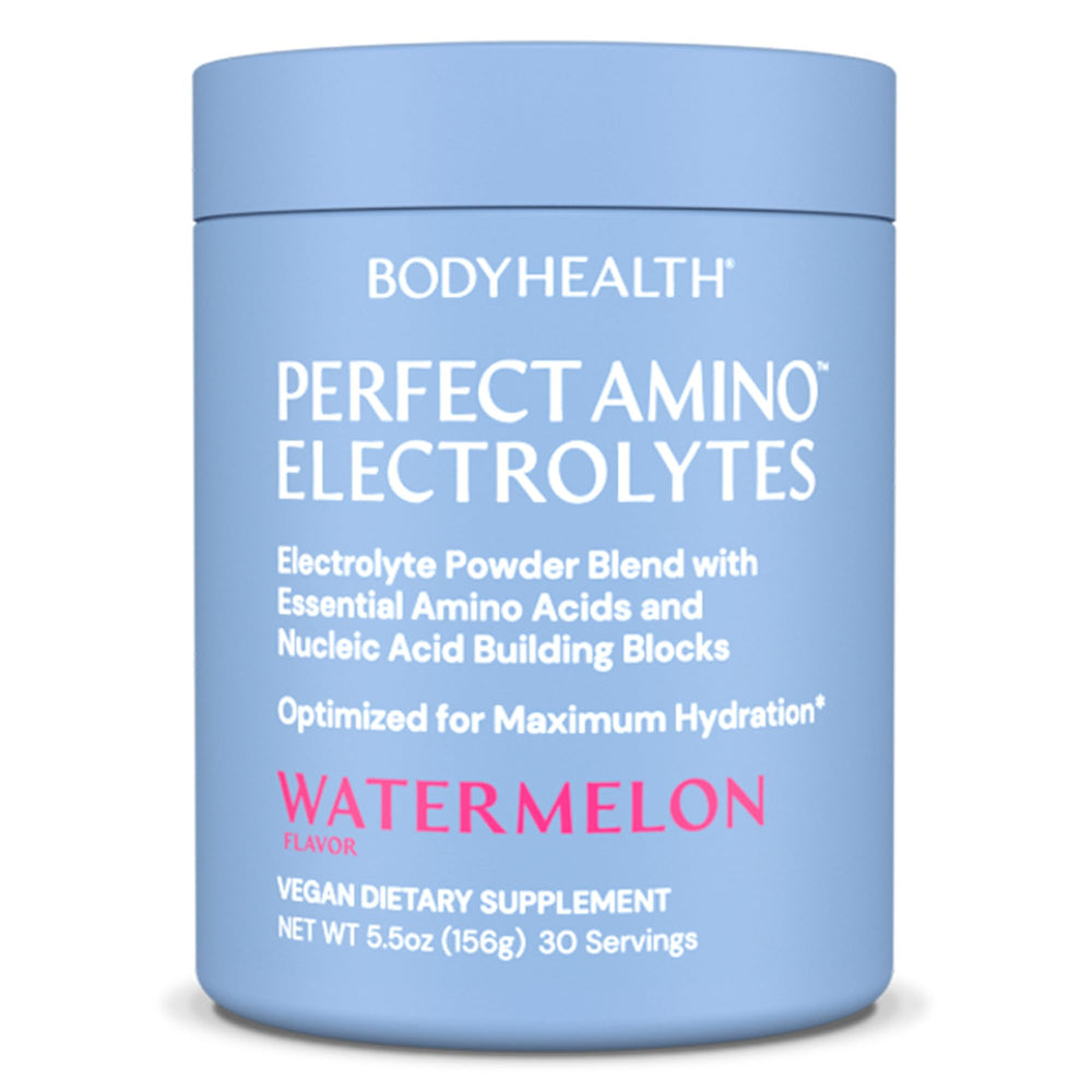 BodyHealth PerfectAmino Electrolytes Watermelon jar label highlighting hydration benefits