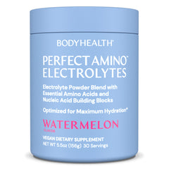 BodyHealth PerfectAmino Electrolytes Watermelon jar label highlighting hydration benefits