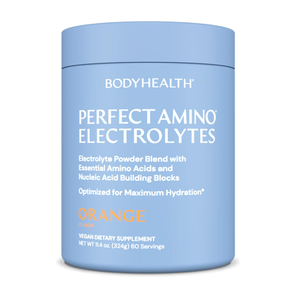 BodyHealth PerfectAmino Electrolytes Orange bottle promotes long-lasting hydration for workouts.