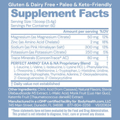 BodyHealth PerfectAmino Electrolytes Orange powder dissolving in water for quick hydration.