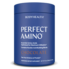 BodyHealth PerfectAmino powder bottle closed supports lean muscle and quick recovery.