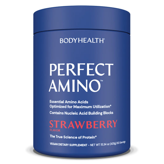 BodyHealth PerfectAmino powder bottle with label highlighting vegan amino acids for recovery