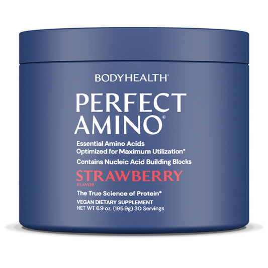 BodyHealth PerfectAmino bottle shown for lean muscle support.