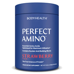 BodyHealth PerfectAmino powder bottle with label highlighting vegan amino acids for recovery