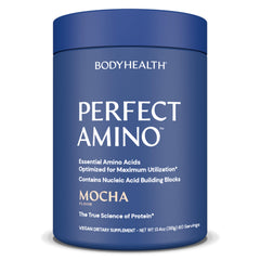 BodyHealth PerfectAmino mocha bottle front showing the amino blend for pre-workout use
