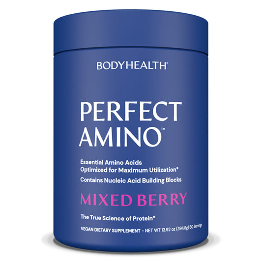 BodyHealth PerfectAmino powder tub front promotes post-workout recovery and lean muscle support