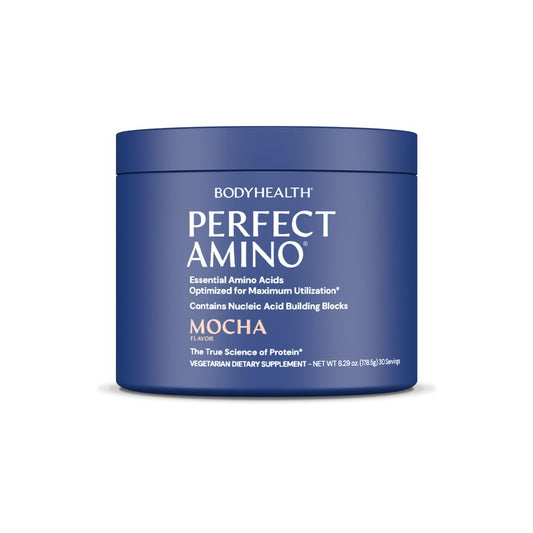 BodyHealth PerfectAmino mocha tub for pre-workout energy and amino acid support.