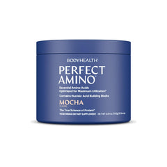 BodyHealth PerfectAmino mocha tub for pre-workout energy and amino acid support.
