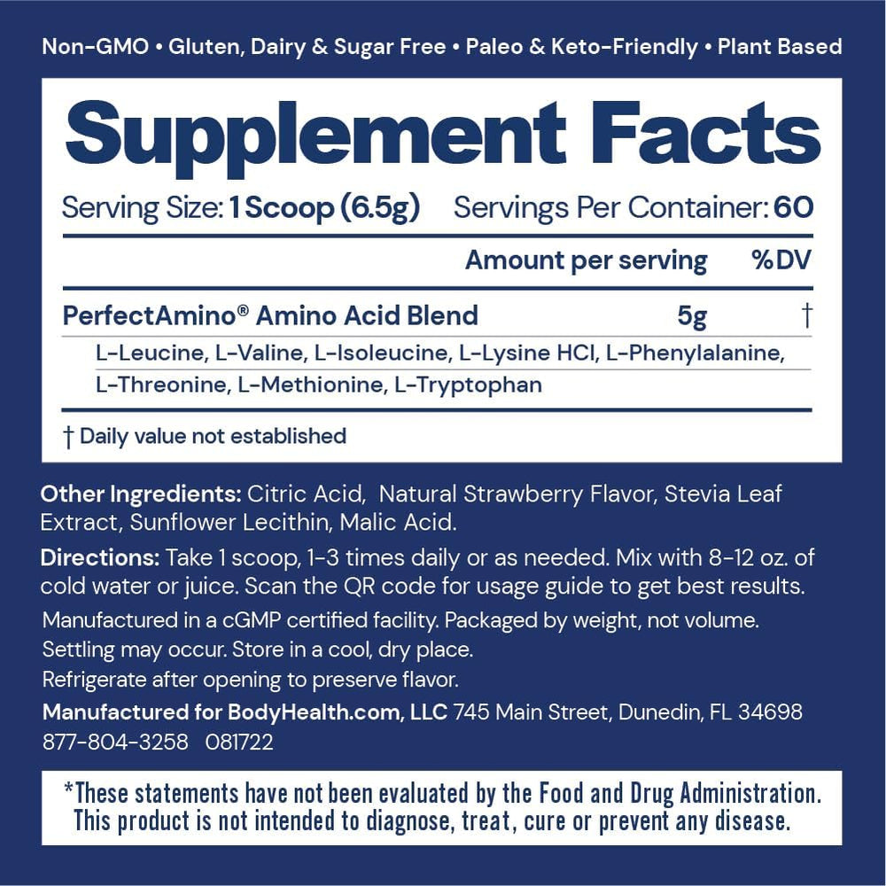 BodyHealth PerfectAmino strawberry bottle pour demonstrates quick pre-workout energy.