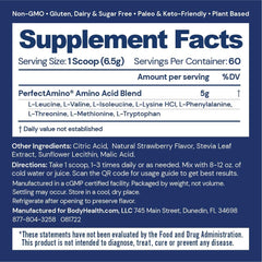 BodyHealth PerfectAmino strawberry bottle pour demonstrates quick pre-workout energy.