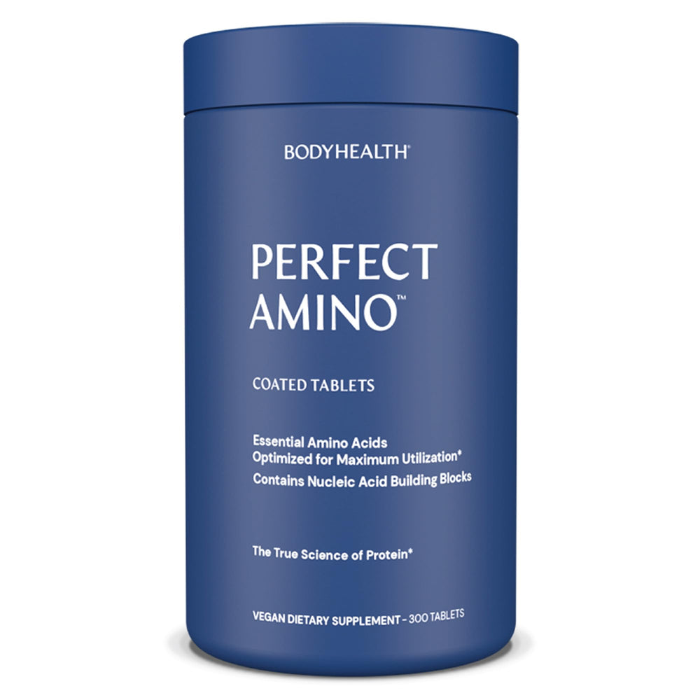 BodyHealth PerfectAmino tablets close-up with easy-to-swallow vegan coating for convenient use.