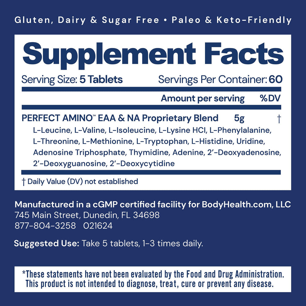 BodyHealth PerfectAmino tablets piled - easy post-workout recovery and lean muscle maintenance.