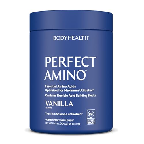 BodyHealth PerfectAmino tub front showing vanilla flavor for pre and post workout fueling.