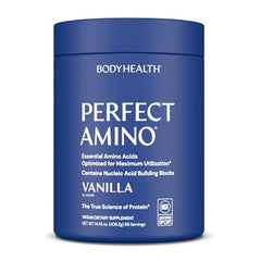 BodyHealth PerfectAmino tub front showing vanilla flavor for pre and post workout fueling.
