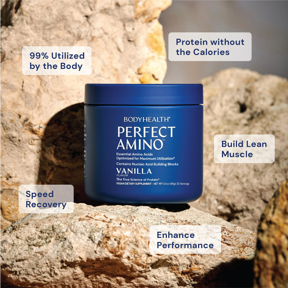 BodyHealth PerfectAmino Vanilla drink being mixed for post-workout recovery.