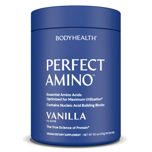 BodyHealth PerfectAmino Vanilla powder bottle ready for pre-workout fueling.