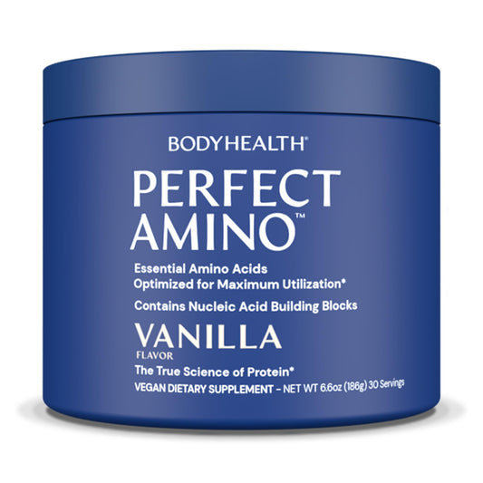 BodyHealth PerfectAmino Vanilla powder tub ready for pre or post workout recovery.