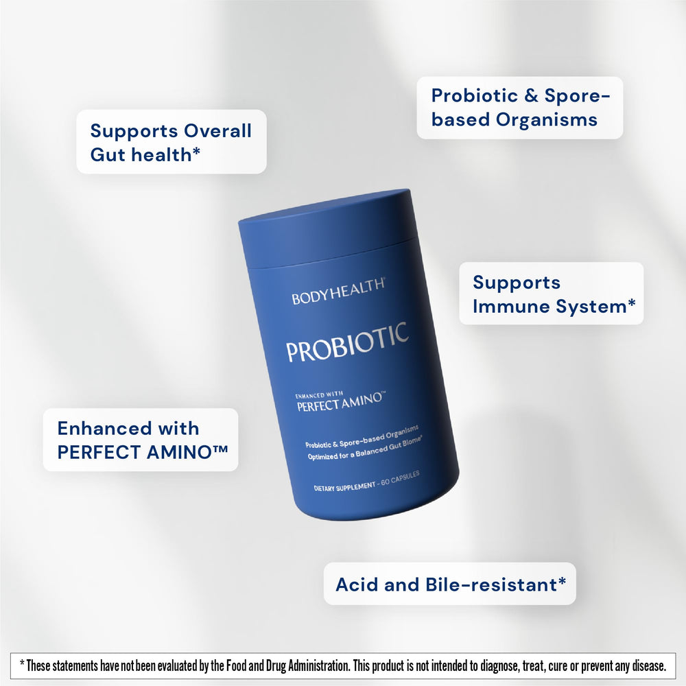 BodyHealth probiotic bottle with label emphasizes clean ingredients.