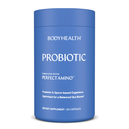 BodyHealth probiotic PerfectAmino bottle front highlights gut support.