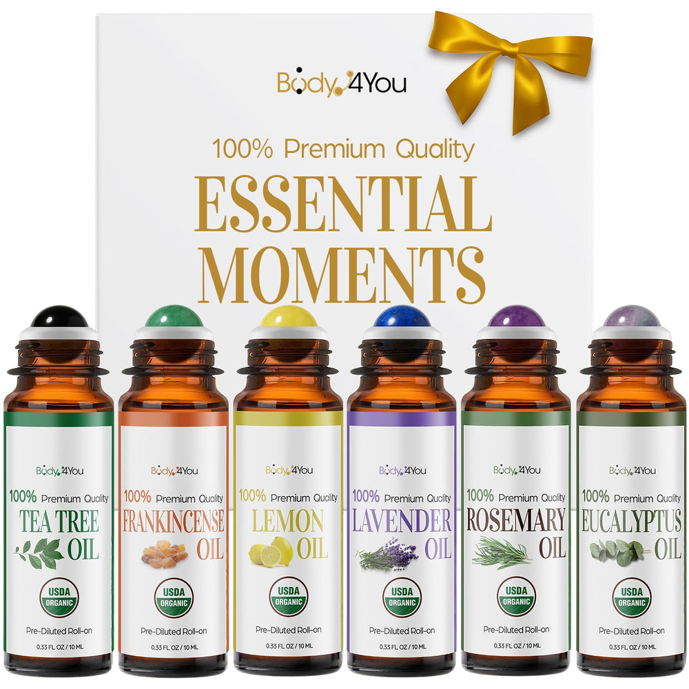 BodyJ4You tea tree oil bottle with gemstone roller for targeted skin care.