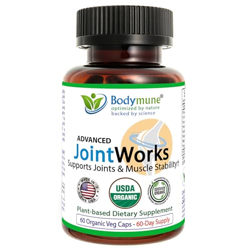 Bodymune Advanced JointWorks capsules closeup highlighting vegan, non-GMO capsules for daily use.