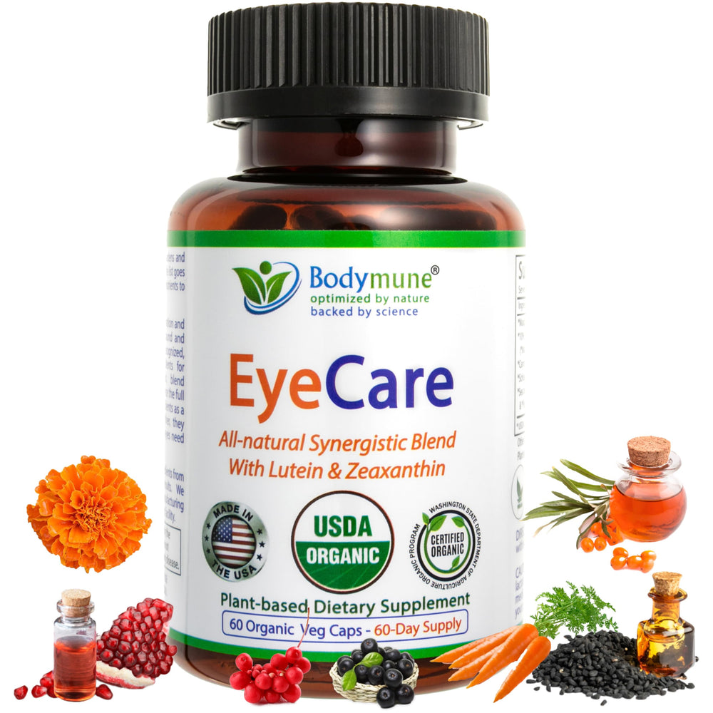 Bodymune Advanced EyeCare bottle and capsules for daily eye health support.