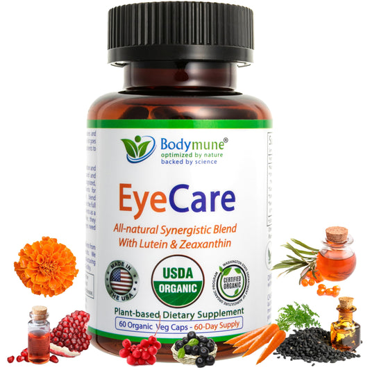 Bodymune Advanced EyeCare bottle and capsules for daily eye health support.