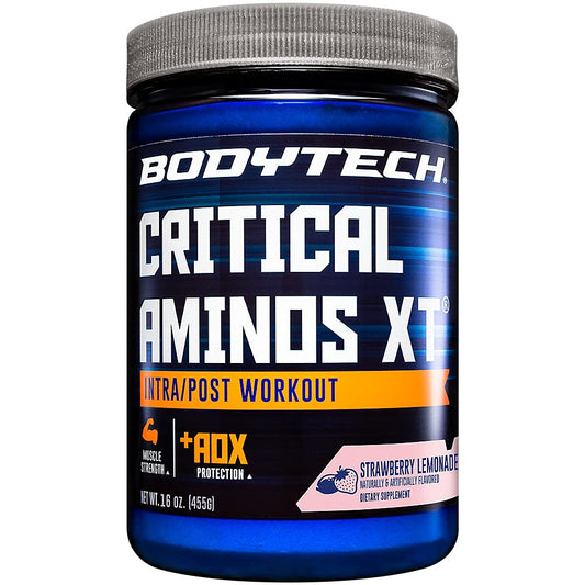 BodyTech Critical Aminos XT bottle highlighted for strawberry lemonade flavor during pre-workout hydration