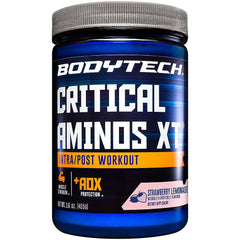 BodyTech Critical Aminos XT bottle highlighted for strawberry lemonade flavor during pre-workout hydration