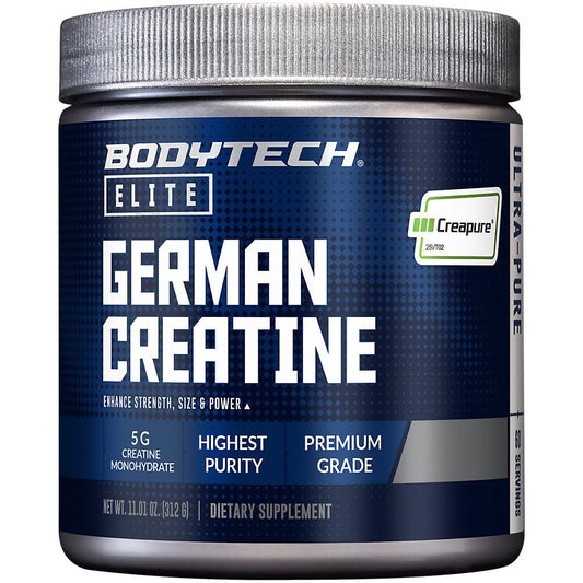 BodyTech Elite Creapure creatine bottle showing premium purity.