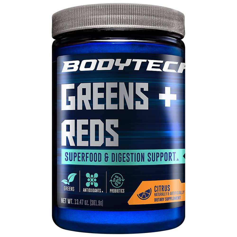BodyTech Greens + Reds powder tub with citrus flavor for daily nutrition.