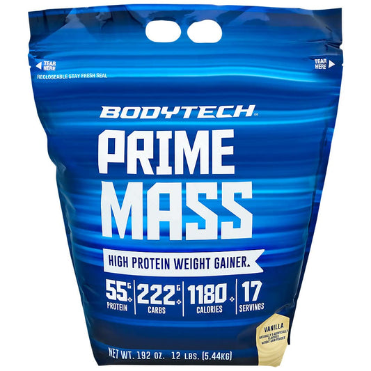 BodyTech Prime Mass vanilla bag with scoop supports calorie intake for gains.