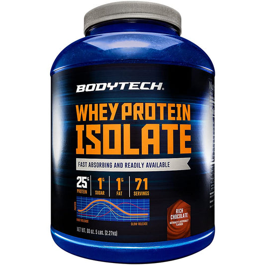 BodyTech Whey Protein Isolate bottle front shows a high-protein blend for post-workout recovery.