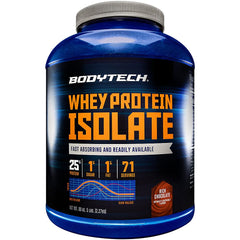 BodyTech Whey Protein Isolate bottle front shows a high-protein blend for post-workout recovery.