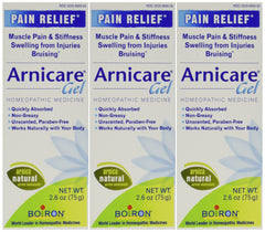 Boiron Arnicare Gel 2.6 oz pack of 3 shown on label for bruise and soreness relief.