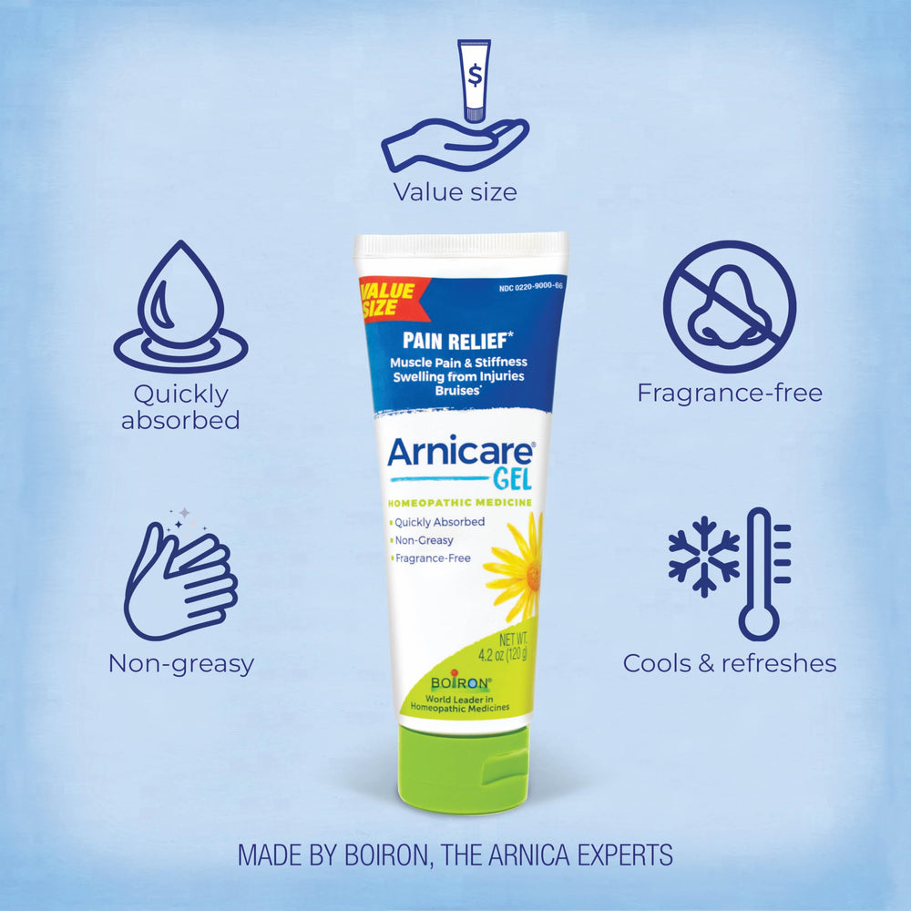 Boiron Arnicare Gel unscented packaging emphasizes fragrance-free relief.