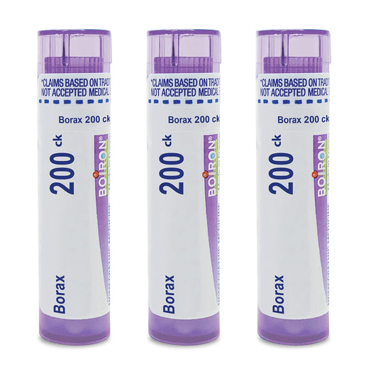 Boiron Borax 200Ck pellets in dispensing tube for convenient canker sore relief.