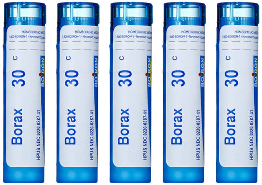 Boiron Borax 30C pellets in a tube, natural homeopathic option.