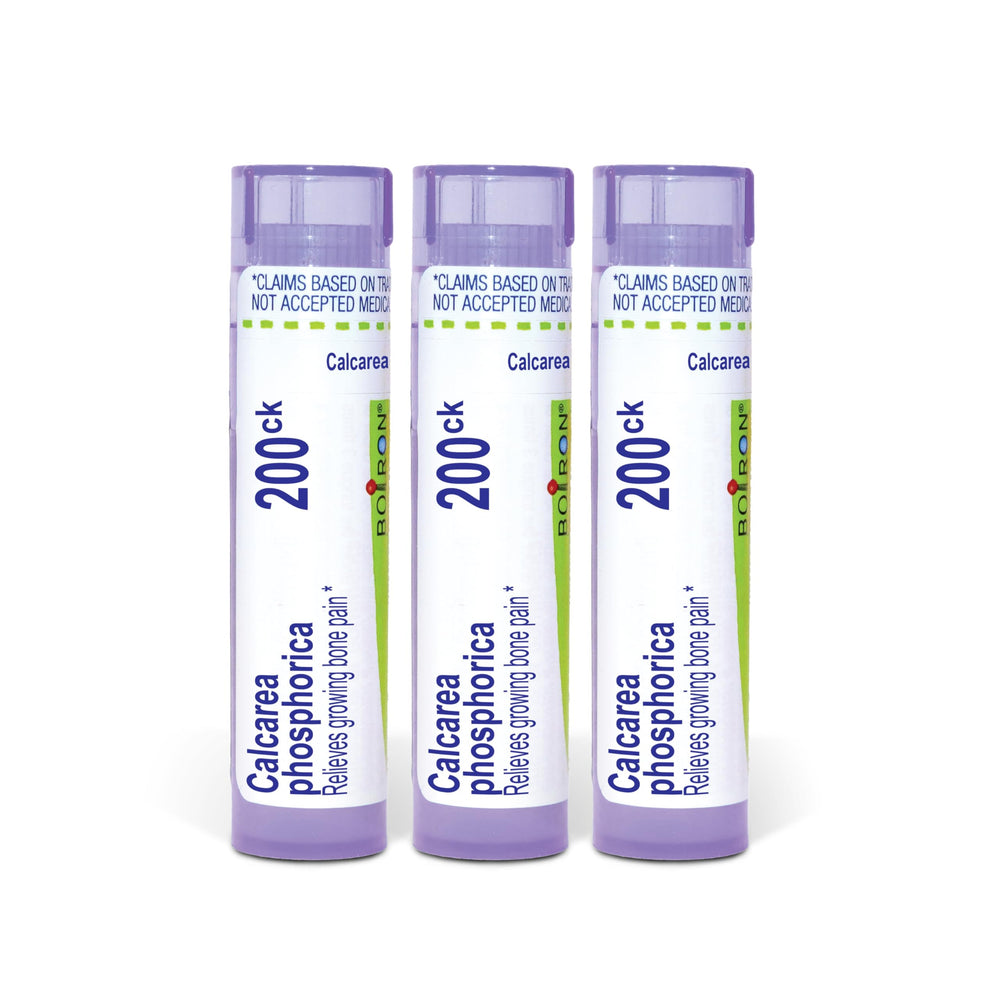Boiron Calcarea Phosphorica pellets dissolve under the tongue for on-the-go use.