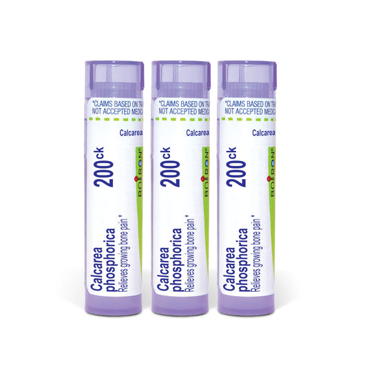 Boiron Calcarea Phosphorica pellets dissolve under the tongue for on-the-go use.