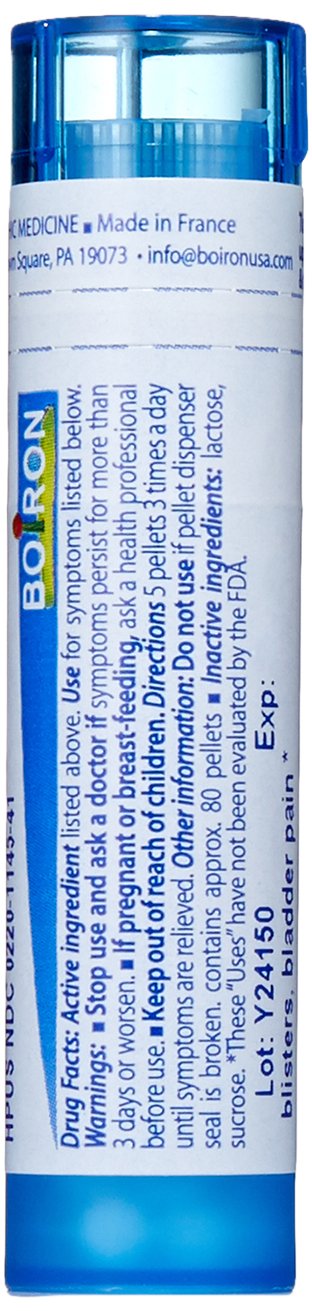 Boiron Cantharis 30C pellets dissolving—quick intake for discreet use.