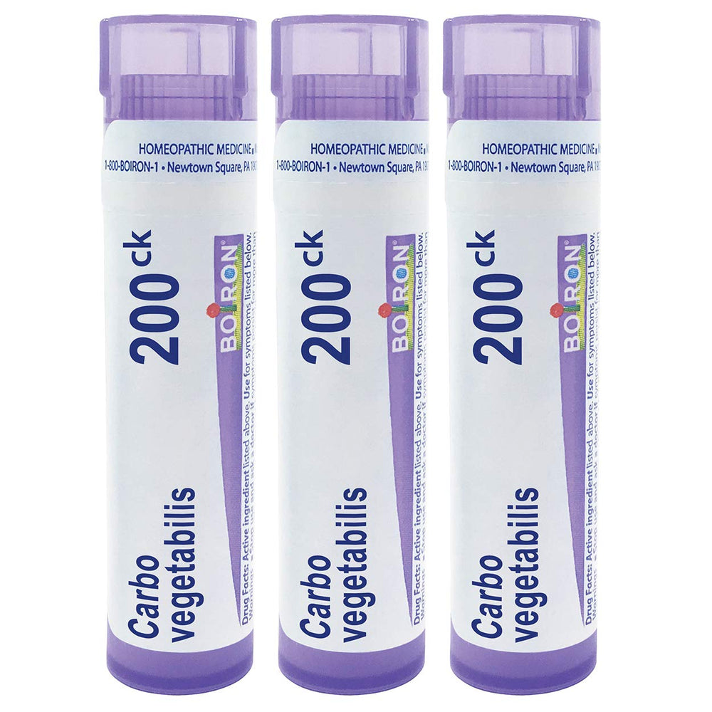 Boiron Carbo Vegetabilis pellets in tube for abdominal bloating relief.