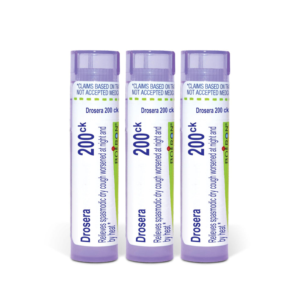 Boiron Drosera Rotundifolia 200CK bottle view for easy, on-the-go relief.