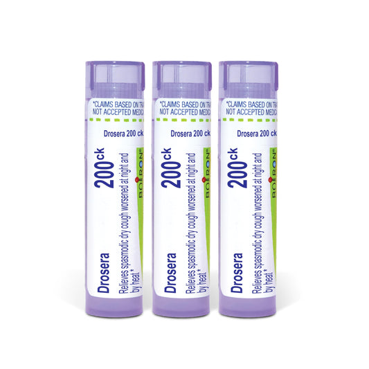 Boiron Drosera Rotundifolia 200CK bottle view for easy, on-the-go relief.