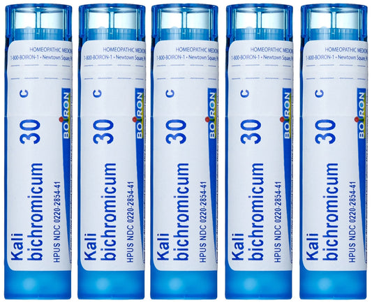 Boiron Kali Bichromicum 30C pellets for quick cold symptom relief, fast-dissolving on the tongue.