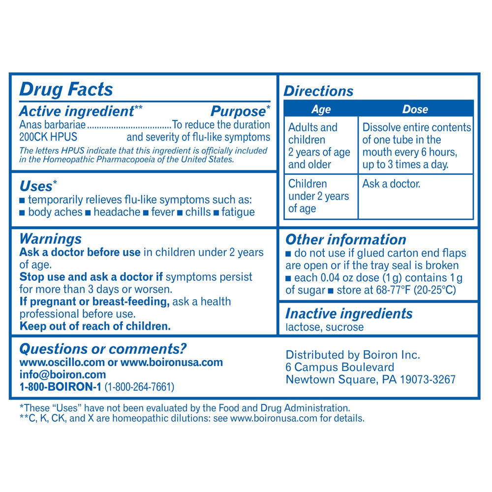Boiron Oscillococcinum packaging back view showing product information