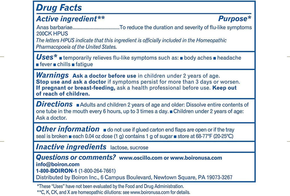 Boiron Oscillococcinum packaging highlights age 2 plus safety and ease of use.