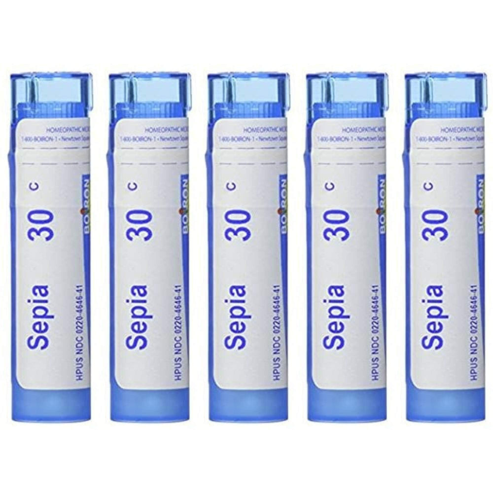 Boiron Sepia 30C five-bottle pack for natural mood support and daily balance.