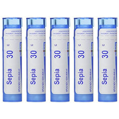 Boiron Sepia 30C five-bottle pack for natural mood support and daily balance.